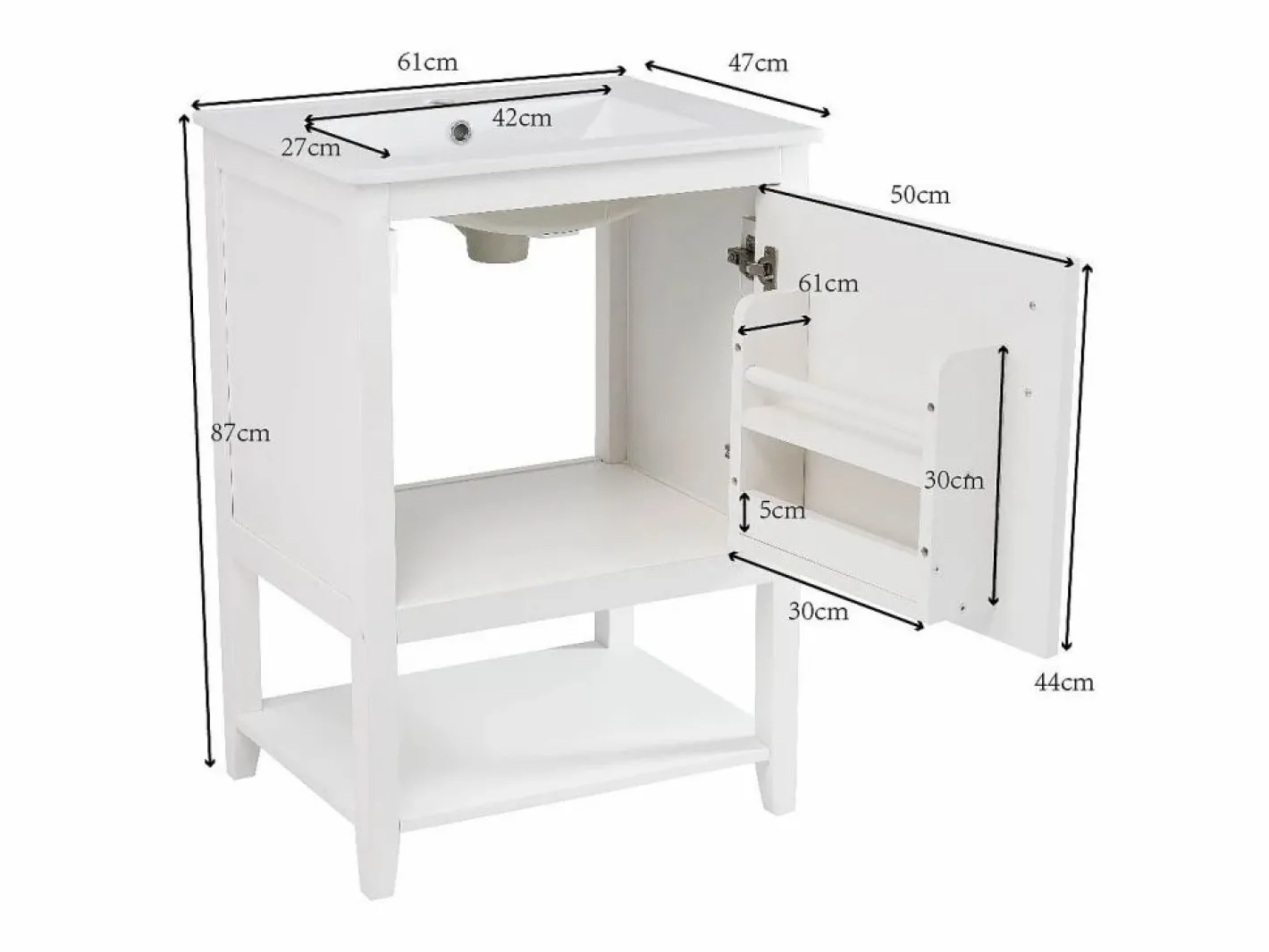 Mueble de baño con lavabo simple - 1 estante abierto y 1 puerta - 61 x 47 x 87 cm - Madera MDF -^Merax Online