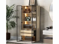 Mueble de baño con LEDs - 74 x 36 x 155 cm - 2 cajones grandes y 2 puertas de cristal - Madera MDF - natural^Merax Outlet