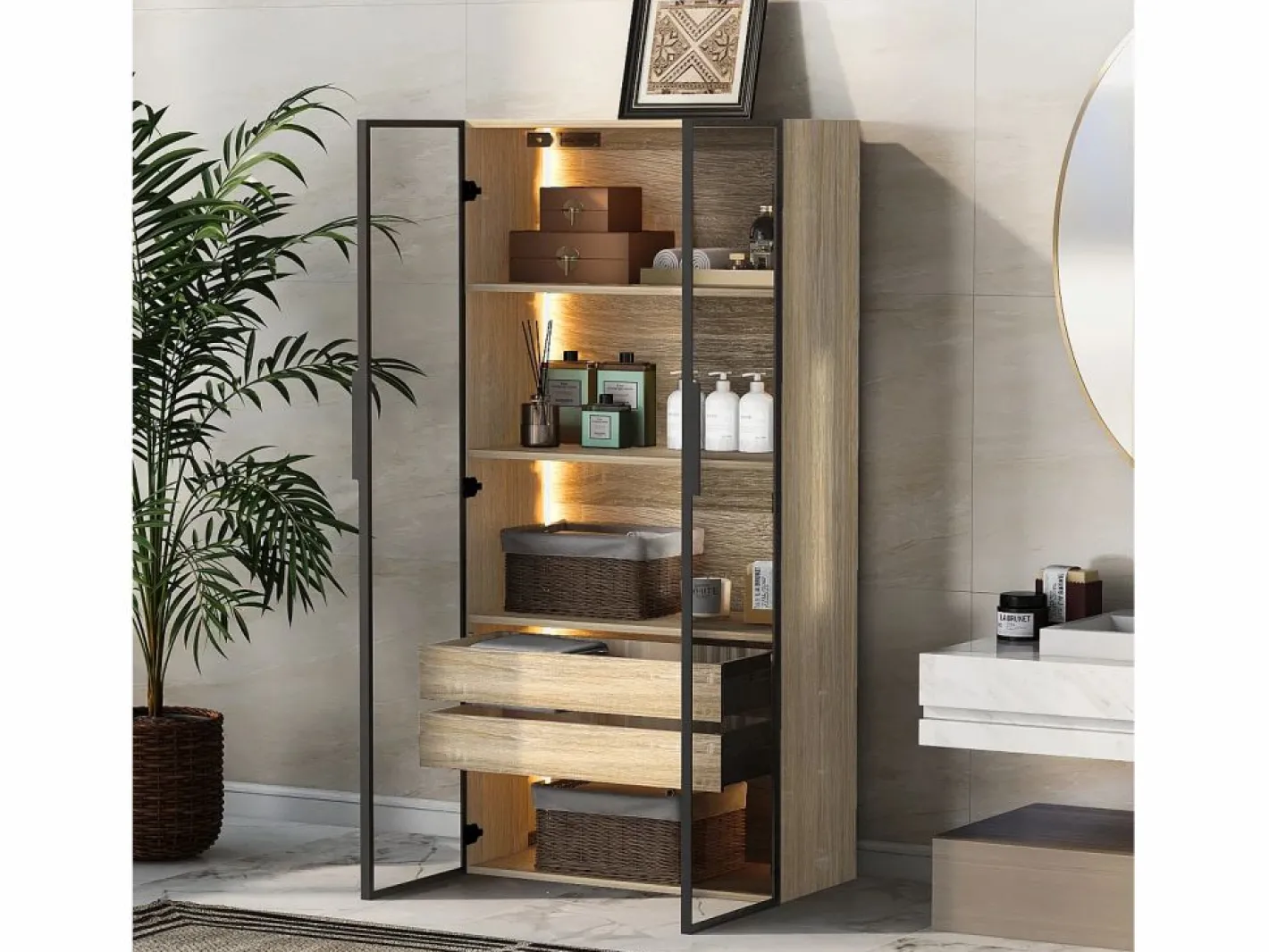 Mueble de baño con LEDs - 74 x 36 x 155 cm - 2 cajones grandes y 2 puertas de cristal - Madera MDF - natural^Merax Outlet