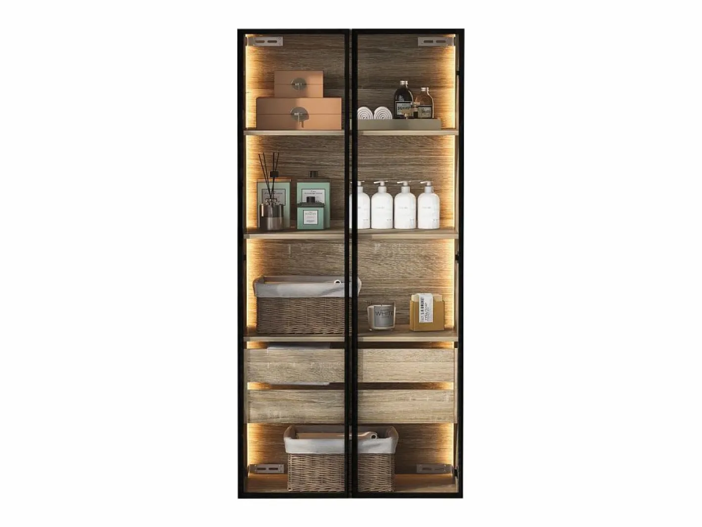 Mueble de baño con LEDs - 74 x 36 x 155 cm - 2 cajones grandes y 2 puertas de cristal - Madera MDF - natural^Merax Outlet