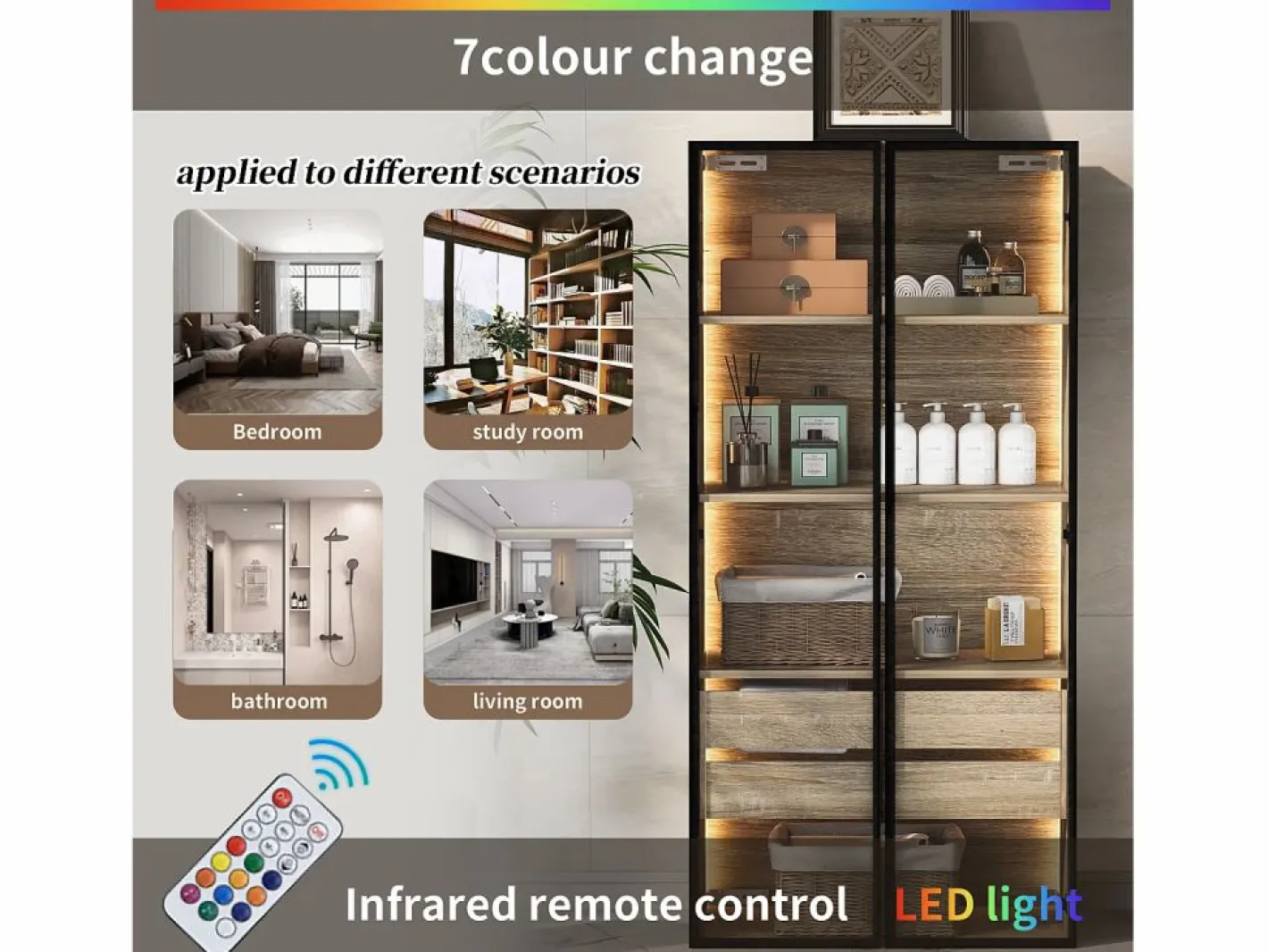 Mueble de baño con LEDs - 74 x 36 x 155 cm - 2 cajones grandes y 2 puertas de cristal - Madera MDF - natural^Merax Outlet