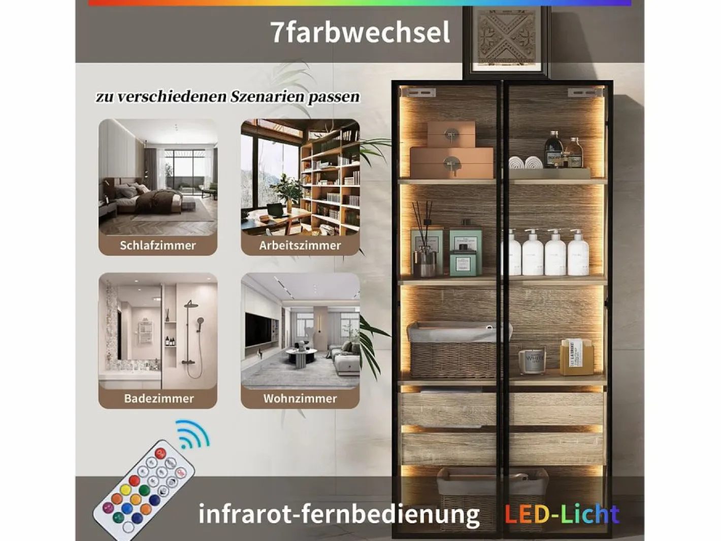 Mueble de baño con LEDs - 74 x 36 x 155 cm - 2 cajones grandes y 2 puertas de cristal - Madera MDF - natural^Merax Outlet