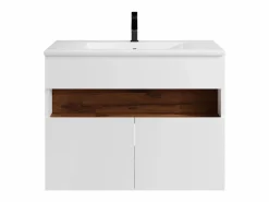 Vente-unique Mueble De Baño Simple|Mueble de baño con LEDs, lavabo empotrado, blanco y natural oscuro, 80 cm, POZEGA