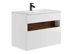 Vente-unique Mueble De Baño Simple|Mueble de baño con LEDs, lavabo empotrado, blanco y natural oscuro, 80 cm, POZEGA