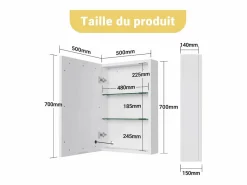 Mueble De Pared Para Baño|Mueble de baño de pared con espejo, LED, estante regulable - 70x15x60 cm
