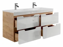 Mueble de baño doble lavabo color natural y blanco con columnas, L120 cm, ARUBA^Vente-unique Discount