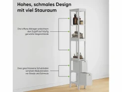 Mueble de baño estrecho con 2 cajones y 3 estantes, madera, (20x30x160 cm) Blanco Outlet