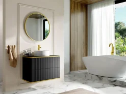 Vente-unique Mueble De Baño Simple|Mueble de baño estriado con ribete dorado y lavabo redondo, , 80 cm, KELIZA