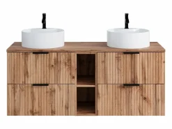 Mueble de baño estriado natural claro con estantes y lavabo redondo, 140 cm, ZEVARA^Vente-unique New