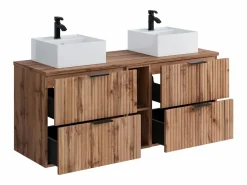 Vente-unique Mueble De Baño Con Doble Lavabo|Mueble de baño estriado natural claro con estantes y lavabo cuadrado sobre encimera, 140 cm, ZEVARA