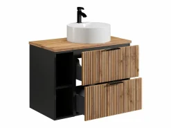 Vente-unique Mueble De Baño Simple|Mueble de baño estriado natural claro con estantes y lavabo, 80 cm, MADELA