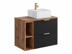Vente-unique Mueble de baño estriado con estantes y lavabo sobre encimera, 80 cm, ZEVARA Negro Outlet