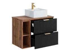 Vente-unique Mueble de baño estriado con estantes y lavabo sobre encimera, 80 cm, ZEVARA Negro Outlet