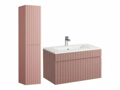 Vente-unique Mueble de baño estriado rosa con lavabo encastrado y columna, 80 cm, SATARA Rosa palo