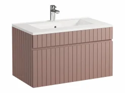 Vente-unique Mueble de baño estriado rosa con lavabo encastrado y columna, 80 cm, SATARA Rosa palo