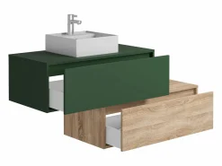 Vente-unique Mueble De Baño Simple|Mueble de baño flotante con lavabo, verde y natural claro, 2 cajones, TEANA