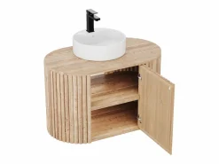 Vente-unique Mueble de baño flotante de teca con lavabo - 90 cm - TOWARI Color natural claro Discount