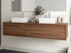 Vente-unique Mueble De Baño Con Doble Lavabo|Mueble de baño flotante de doble lavabo, natural oscuro, Ancho 150 x Alt. 32 cm, ISAURE