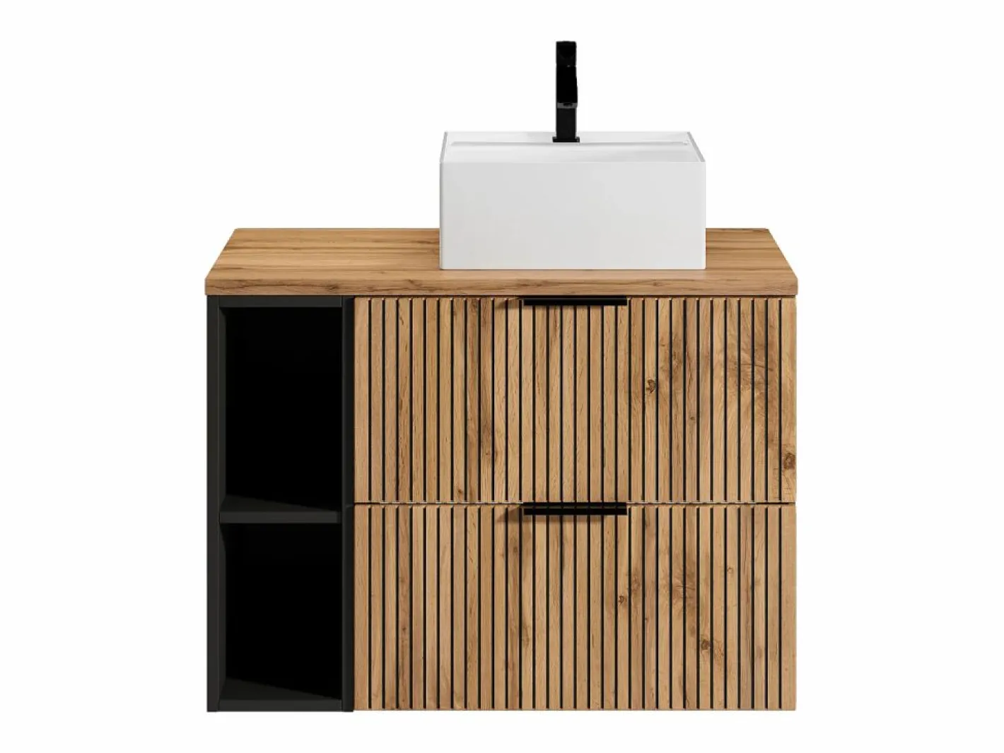 Vente-unique Mueble de baño natural claro con estantes y lavabo sobre encimera, 80 cm, MADELA Negro / Color natural claro New
