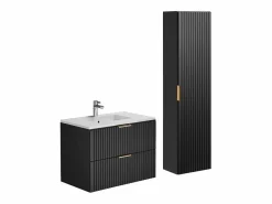 Vente-unique Mueble de baño ranurado con lavabo encastrado y columna, , 80 cm, Zevara Negro New