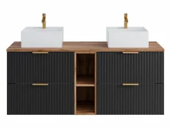 Vente-unique Mueble De Baño Con Doble Lavabo|Mueble de baño rayado con estantes y lavabo cuadrado de encimera, 140 cm, ZEVARA