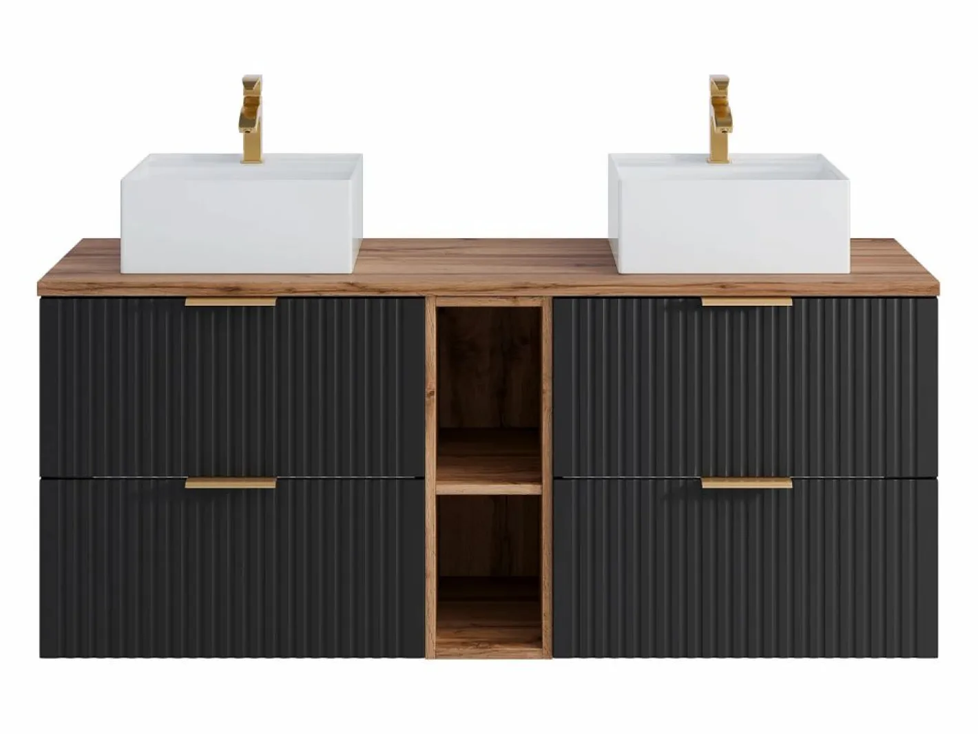 Vente-unique Mueble De Baño Con Doble Lavabo|Mueble de baño rayado con estantes y lavabo cuadrado de encimera, 140 cm, ZEVARA