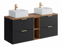 Vente-unique Mueble De Baño Con Doble Lavabo|Mueble de baño rayado con estantes y lavabo cuadrado de encimera, 140 cm, ZEVARA