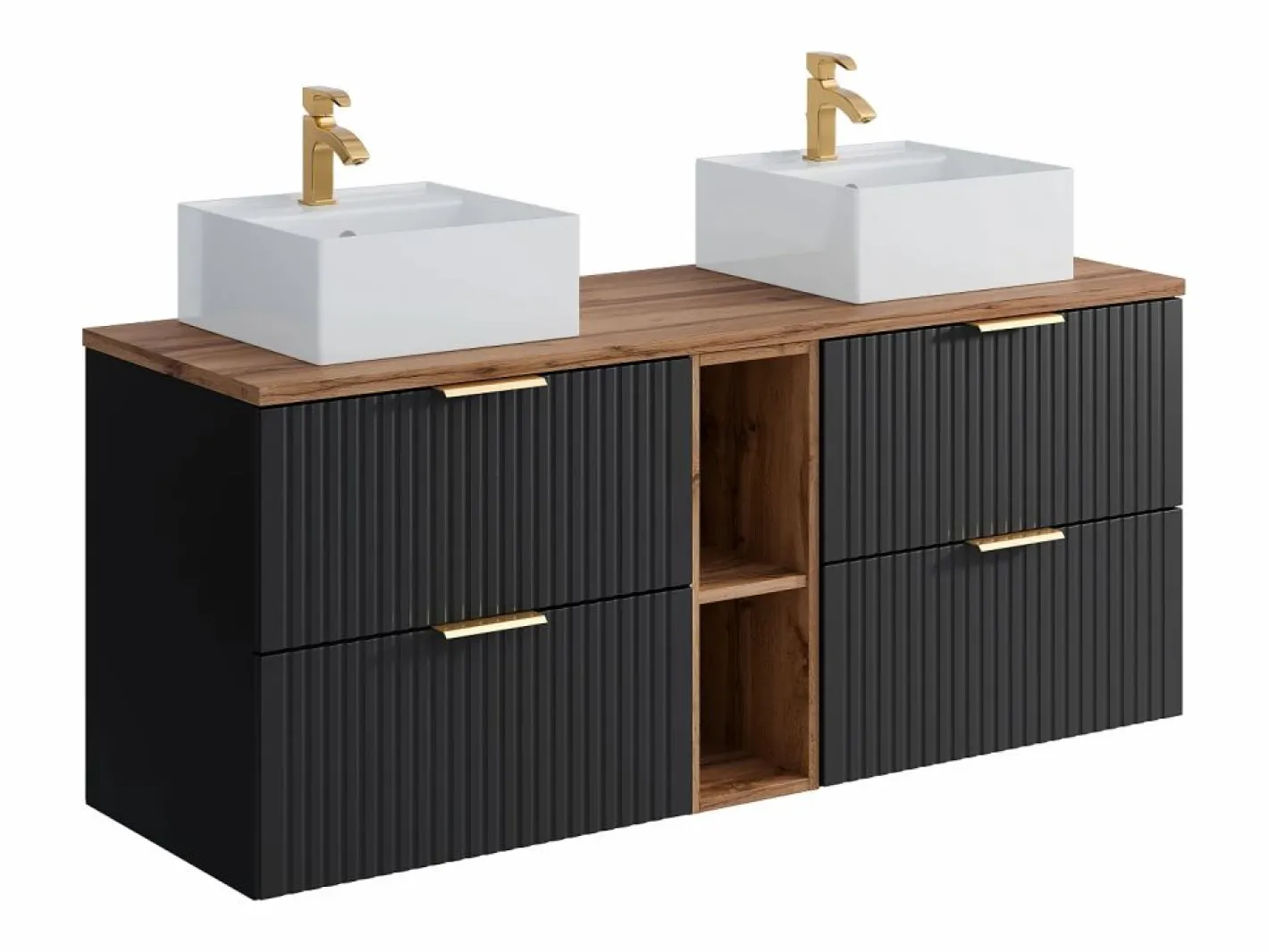Vente-unique Mueble De Baño Con Doble Lavabo|Mueble de baño rayado con estantes y lavabo cuadrado de encimera, 140 cm, ZEVARA