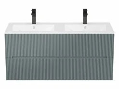 Vente-unique Mueble De Baño Con Doble Lavabo|Mueble de baño suspendido con lavabo y grifo - Estriado - 120 cm - PAVANI