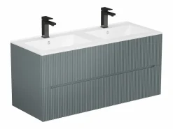 Vente-unique Mueble De Baño Con Doble Lavabo|Mueble de baño suspendido con lavabo y grifo - Estriado - 120 cm - PAVANI