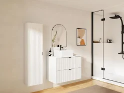 Vente-unique Mueble de baño suspendido estriado con lavabo sobre encimera, columna, , 80 cm, ZEVINI Blanco Clearance
