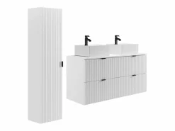 Vente-unique Mueble de baño suspendido estriado con lavabo cuadrado sobre encimera, , An.120 cm, ZEVINI Blanco Best
