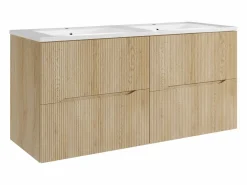 Vente-unique Mueble De Baño Con Doble Lavabo|Mueble de baño suspendido estriado con levabo encastrado - Natural claro - 120 cm - ORISO
