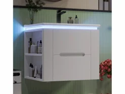ModernLuxe Mueble de baño suspendido con lavabo de cerámica - con LED - 2 cajones - 2 estantes laterales - (grifo no incluido) Blanco Discount