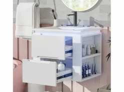 ModernLuxe Mueble de baño suspendido con lavabo de cerámica - con LED - 2 cajones - 2 estantes laterales - (grifo no incluido) Blanco Discount