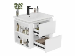 ModernLuxe Mueble de baño suspendido con lavabo de cerámica - con LED - 2 cajones - 2 estantes laterales - (grifo no incluido) Blanco Discount