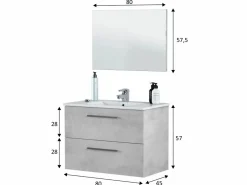 VS Venta-stock Mueble De Baño Simple|Mueble de baño suspendido Axel 2 cajones, espejo y con lavabo cerámico, Color Cemento
