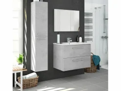 VS Venta-stock Mueble De Baño Simple|Mueble de baño suspendido Axel 2 cajones, espejo y con lavabo cerámico, Color Cemento