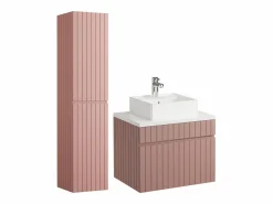 Vente-unique Mueble de baño suspendido estriado rosa con lavabo sobre encimera y columna, 60 cm, SATARA Rosa palo Online