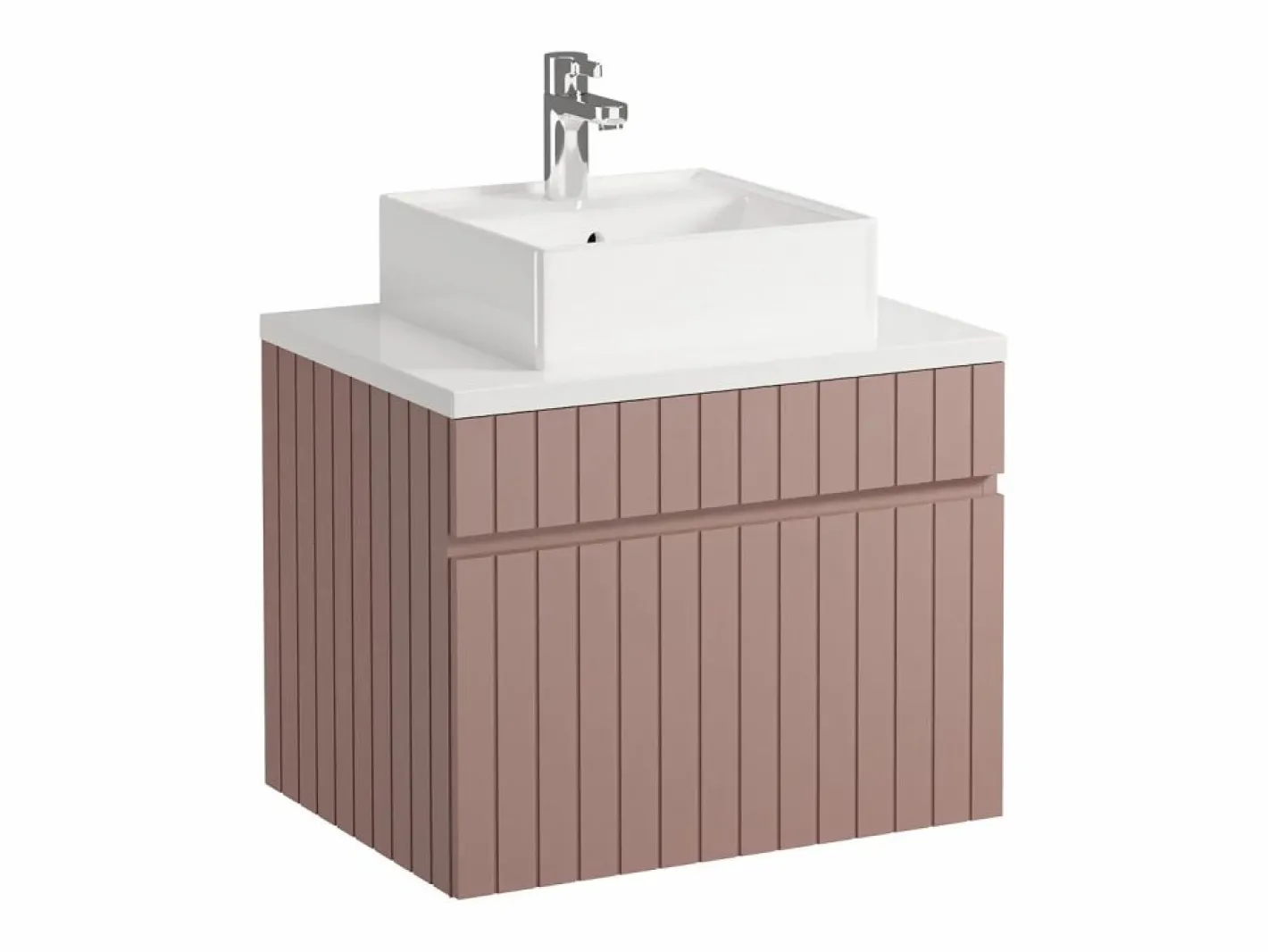 Vente-unique Mueble de baño suspendido estriado rosa con lavabo sobre encimera y columna, 60 cm, SATARA Rosa palo Online