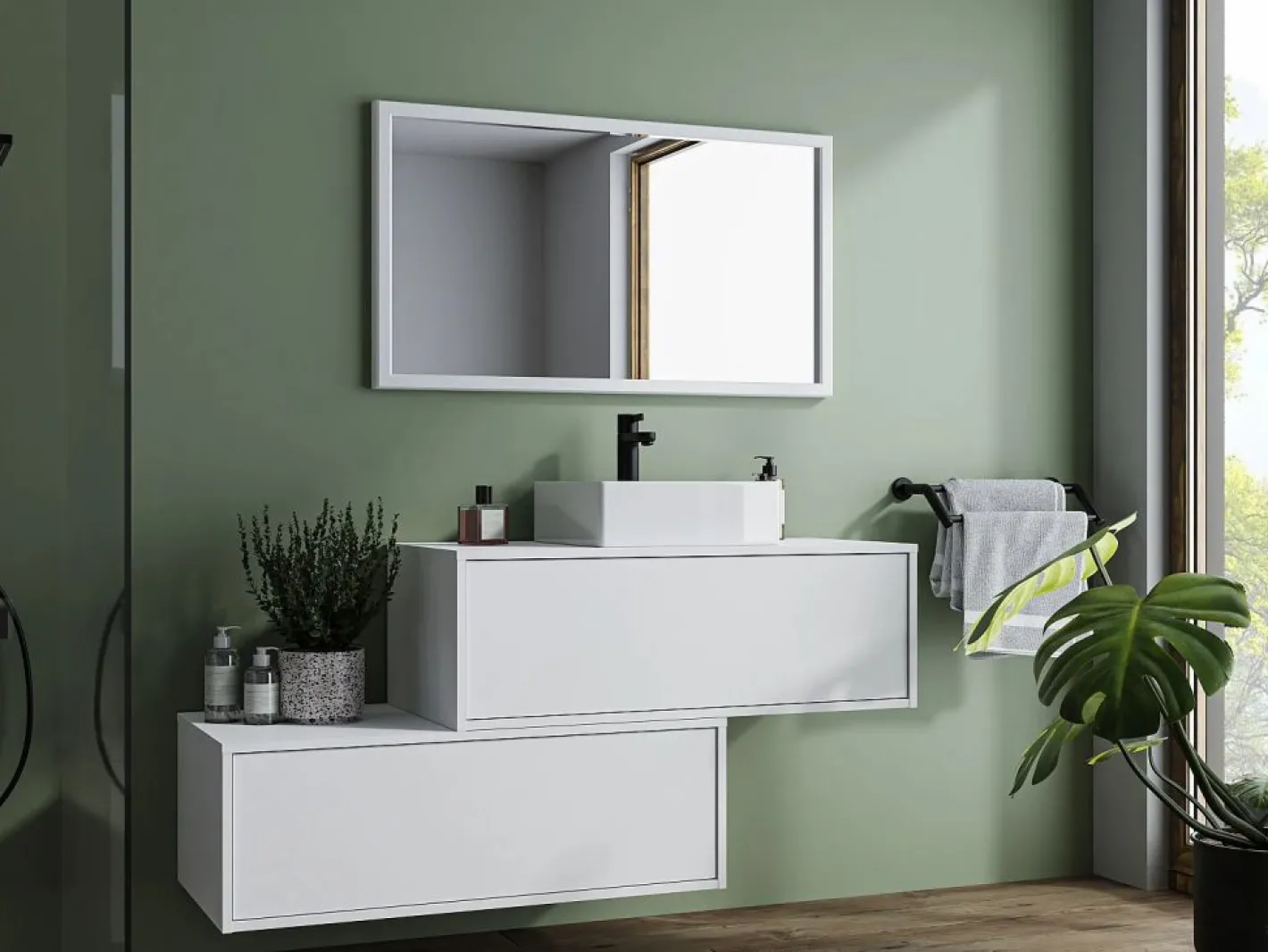 Vente-unique Mueble De Baño Simple|Mueble de baño suspendido con lavabo individual, , 2 cajones, 94 cm, TEANA