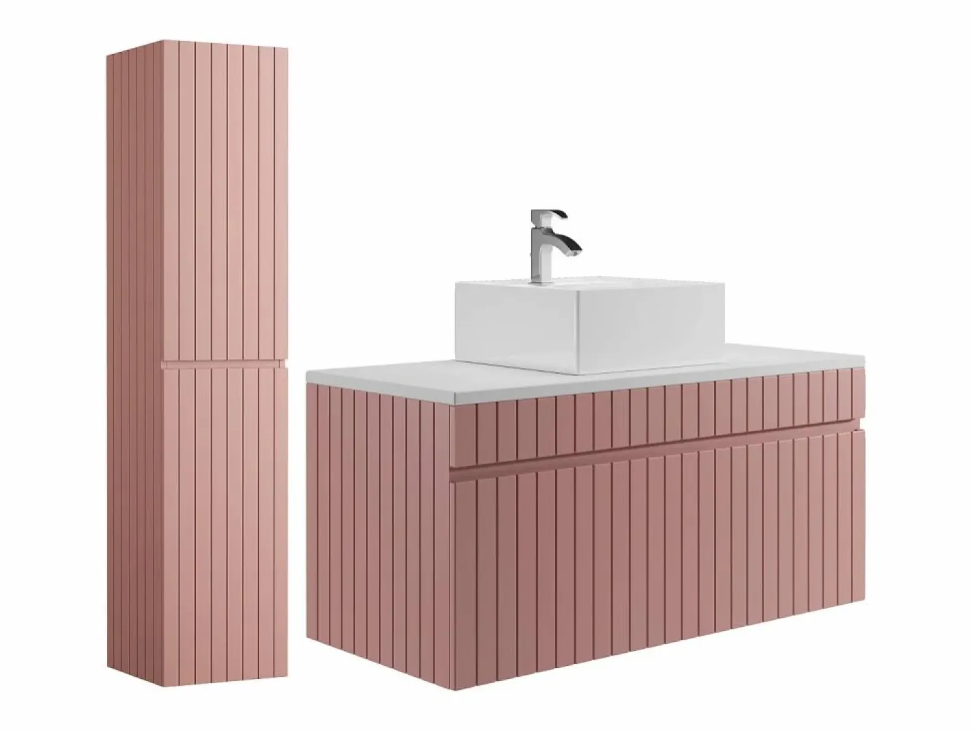 Vente-unique Conjunto De Baño|Mueble de baño suspendido estriado rosa con lavabo sobre encimera cuadrado y columna, 100 cm, SATARA