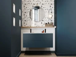 Vente-unique Mueble De Baño Con Doble Lavabo|Mueble de baño suspendido con lavabo y grifo - Estriado azul - 120 cm - PAVANI