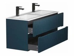 Vente-unique Mueble De Baño Con Doble Lavabo|Mueble de baño suspendido con lavabo y grifo - Estriado azul - 120 cm - PAVANI