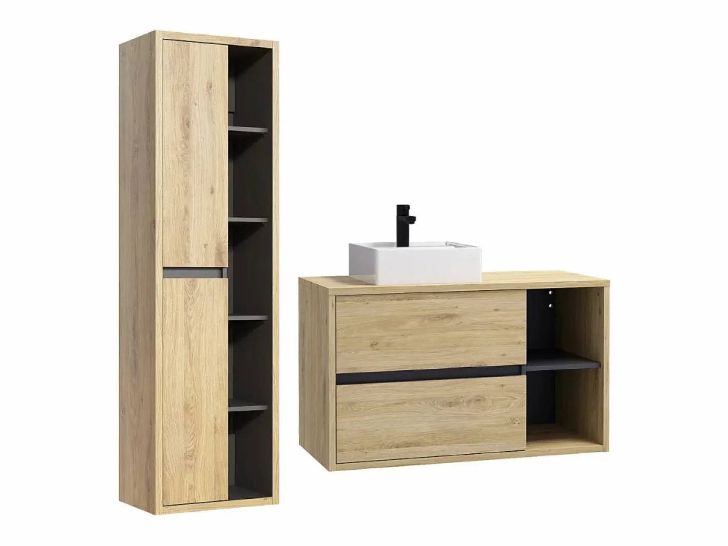 Mueble de baño suspendido con lavabo cuadrado y columna, 100 cm, Color natural, PURNAL^Vente-unique Best