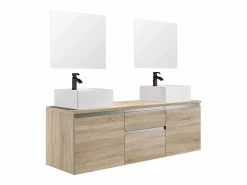 Vente-unique Mueble de baño suspendido con lavabos y espejos, natural claro, L150 cm, JIMENA Color natural claro Sale
