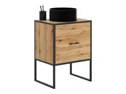 Mueble De Aseo|Mueble de Baño 60x45,5x80 cm Roble Artesanal y Negro – Estructura de Acero Macizo, Frentes Laminados y Tiradores Metálicos