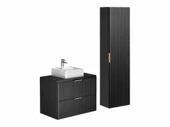 Vente-unique Mueble de baño Zevara de 80 cm con ranuras negras, lavabo sobre encimera y mueble alto Negro New