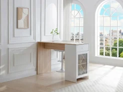 Vente-unique Mueble de bar con almacenamiento - Blanco y natural - NIRAYA Color natural claro / Blanco Discount