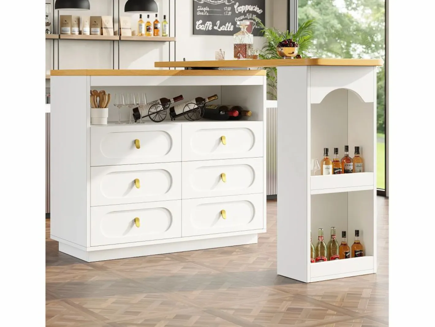 Mueble de bar de cocina extensible - y rotación 360° - 203x39x90 cm - 6 cajones - con estantes laterales -^ModernLuxe New